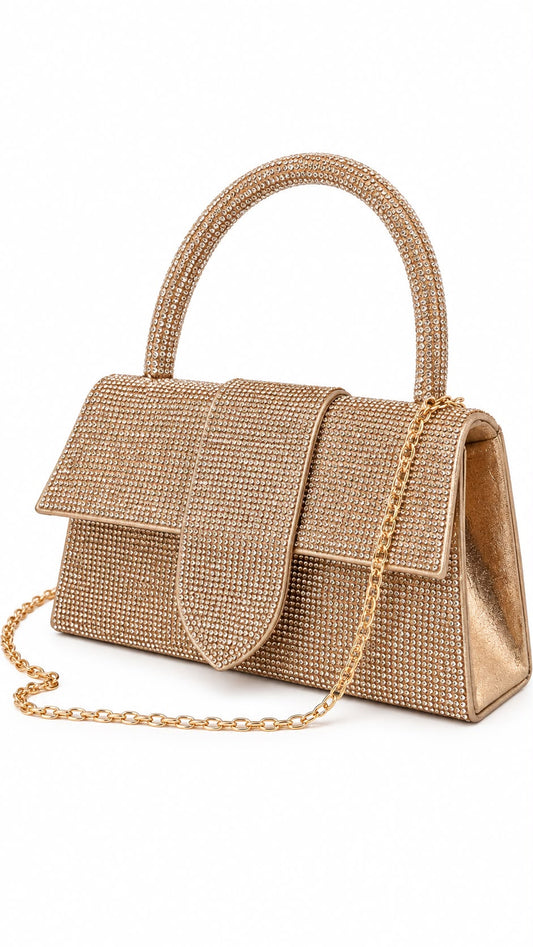 Mini Bag Crystal con strass dorati, manico rigido e catenella